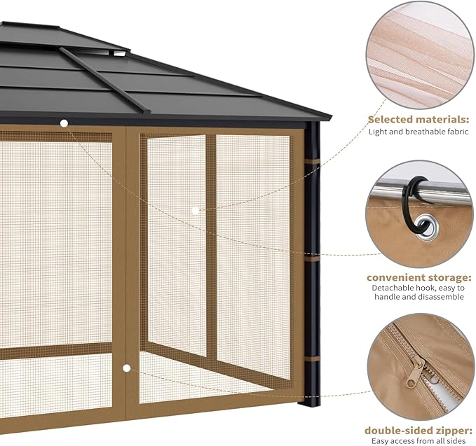 Gazebo Replacement Mosquito Netting Outdoor Universal Gazebo Canopy 4-Panels Screen Sidewalls with Zipper for Patio Garden (Brown, 10x10)