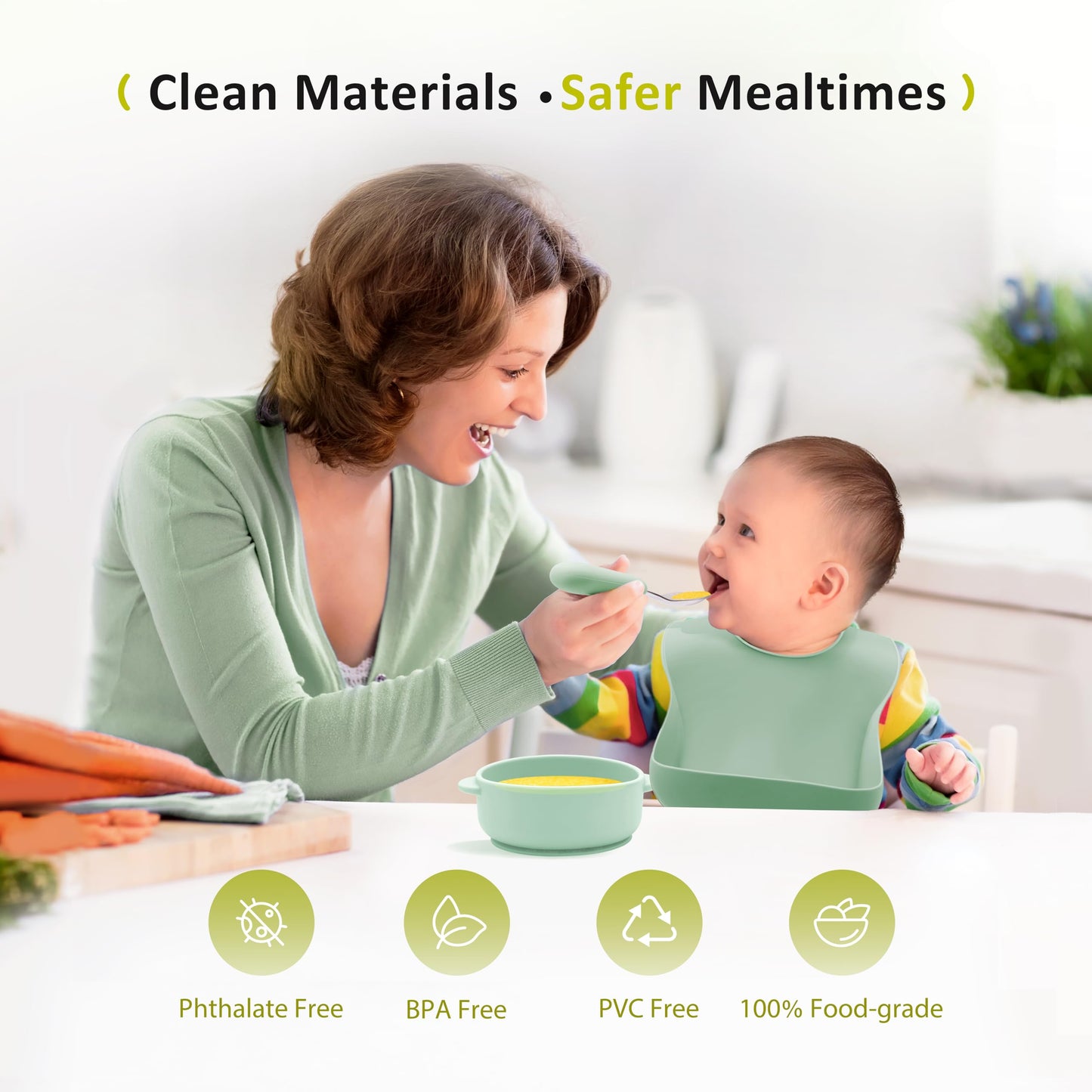 Bufims Silicone Baby Feeding Set, Baby Led Weaning Supplies, Eating Essentials Utensils with Suction Plate and Bowl, Pocket Bib, Sippy Cup with Lid, Forks Spoons Snack Container, for 6+ Months, Green