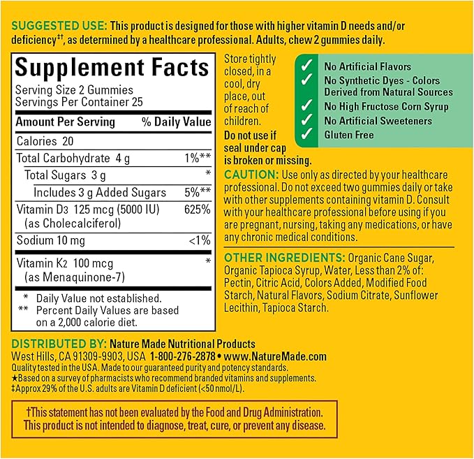 Nature Made Vitamin D3 K2 Gummies, Vitamin D3 5000 IU per serving, Bone, Teeth, Muscle, Immune Health Support, 50 Vitamin D + K2 Gummy Vitamins, 25 Day Supply