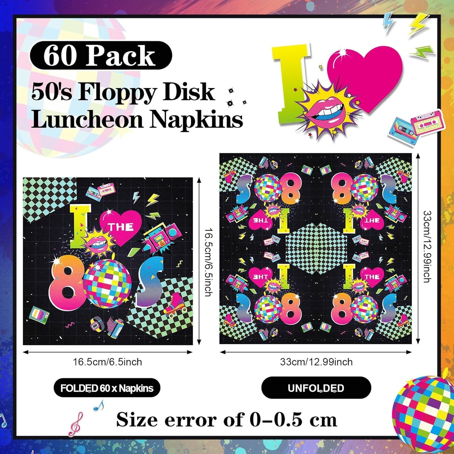 60 Pcs 80s Cocktail Paper Napkins 6.5 x 6.5 Inches Disposable Paper Napkins Dessert Beverage Napkin for Decoupage Luncheon Napkin for Party Wedding Birthday Party