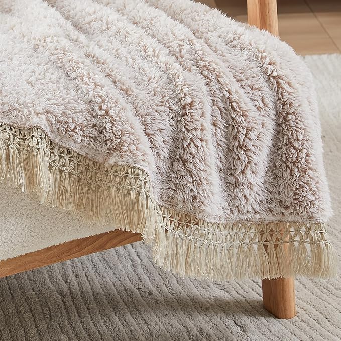 EMME Fleece Throw Blankets Soft Sherpa Plush Blankets for Couch Cozy Bed Blanket(Tassel Khaki, 90"x90")