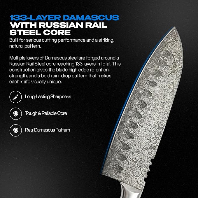 Handmade Damascus 7" Santoku Knife - Lightweight Japanese Style Kitchen Knife for Fast Chopping, Sharp 133-Layer Blade, Ideal Damascus Chef Knife for Daily Use