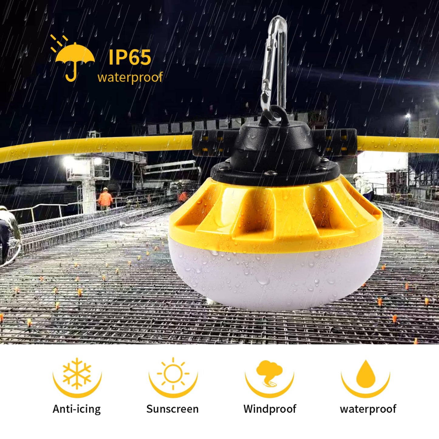Muasdae 50FT LED Construction String Lights, Industrial Grade, Yellow, 2 Prong, Model zYd-g-011, Ideal for Outdoor Lighting Solutions