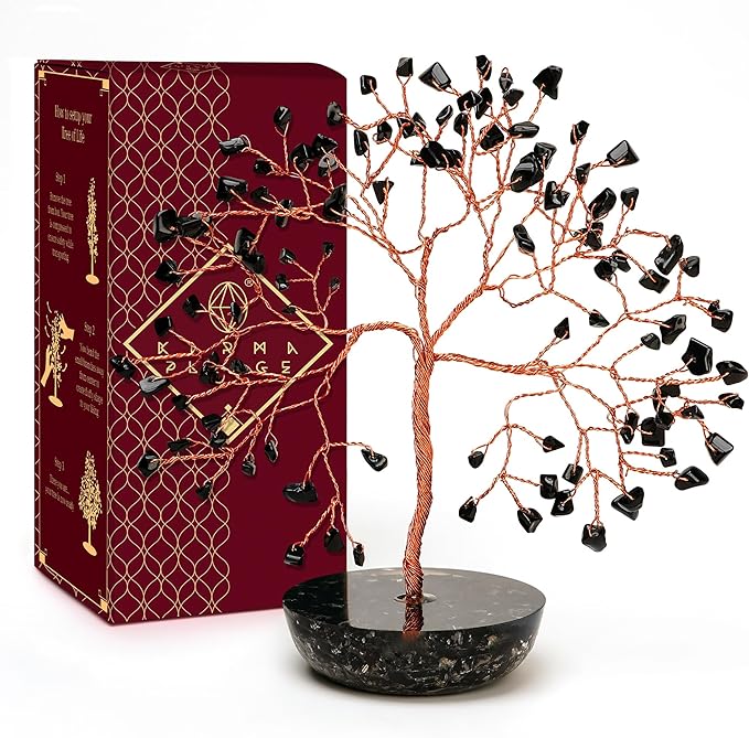 7 Chakra Black Obsidian Crystal Tree of Life Positive Energy & Good Luck, Money, Feng Shui Decor, Home and Office Desk Decoration, Spiritual Gifts for Women, for Dad