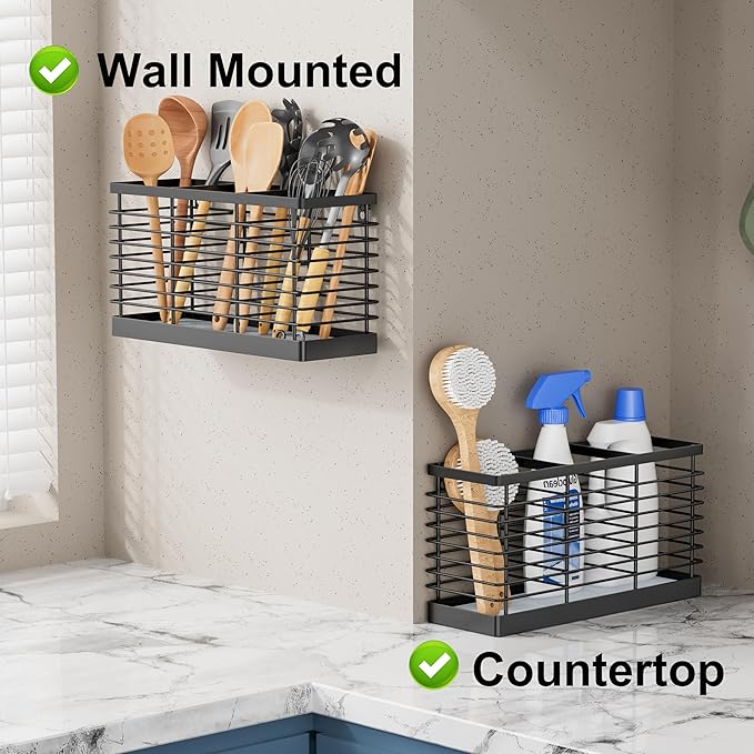 Utensil Holder for Kitchen Counter, Kitchen Utensil Holder for Countertop with Diatomaceous Earth Base, Large Cooking Utensil Organizer with 3 Compartments for Spatula Storage, Metal/ Black