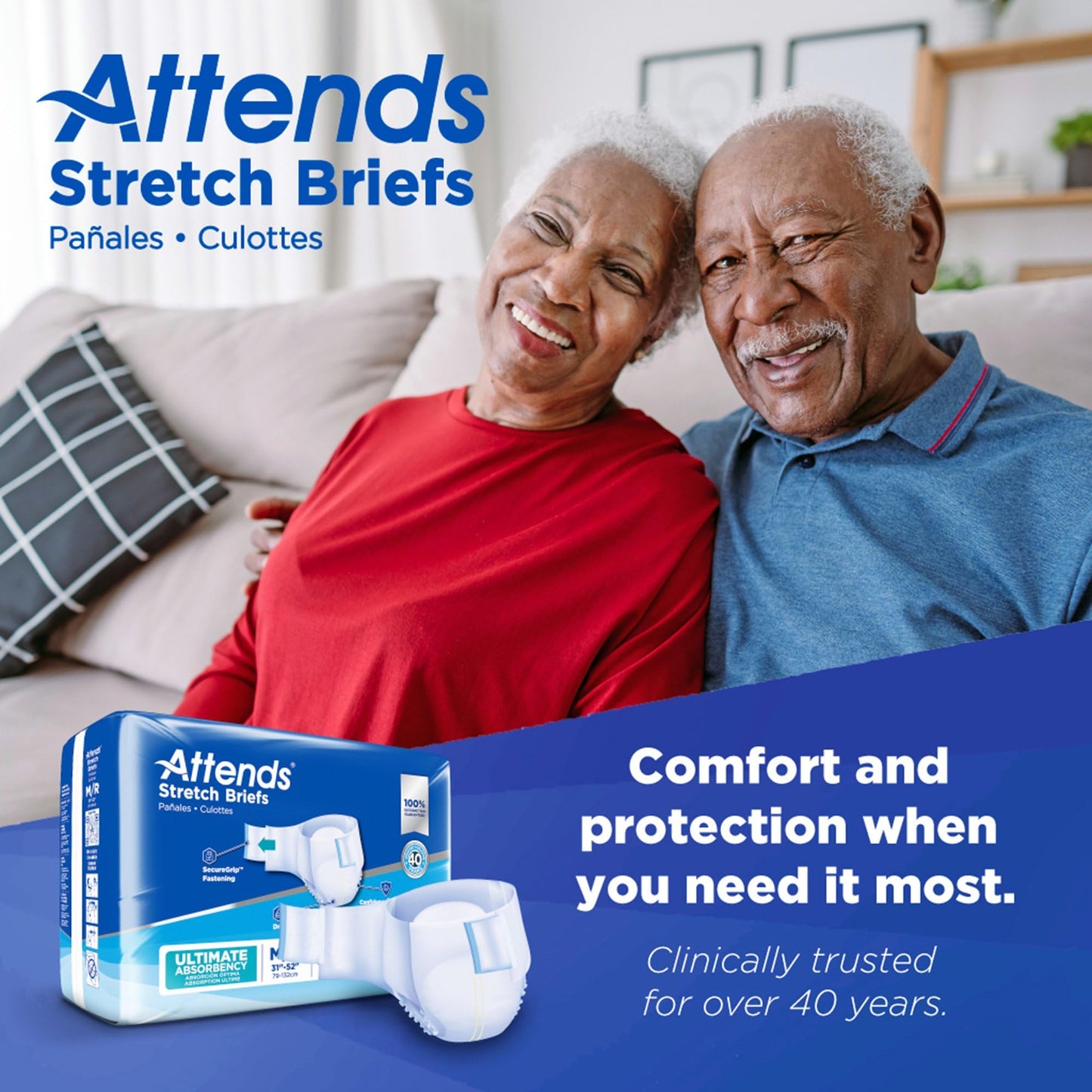 Attends Stretch Adult Disposable Briefs, Medium/Regular, 31"-52" Waist with Tab Closure, Ultimate Absorbency with Dry-Lock Containment Core, 96ct Bag