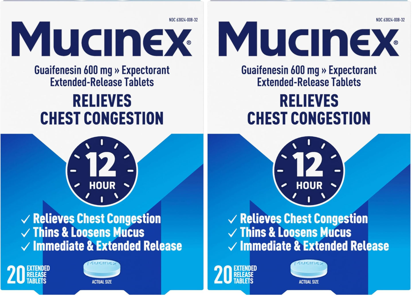 Mucinex Chest Congestion, Expectorant 12 Hour Extended Release Tablets, 20ct, 600mg Guaifenesin with Extended Relief of Chest Congestion Caused by Excess Mucus. Thins and Loosens Mucus (Pack of 2)