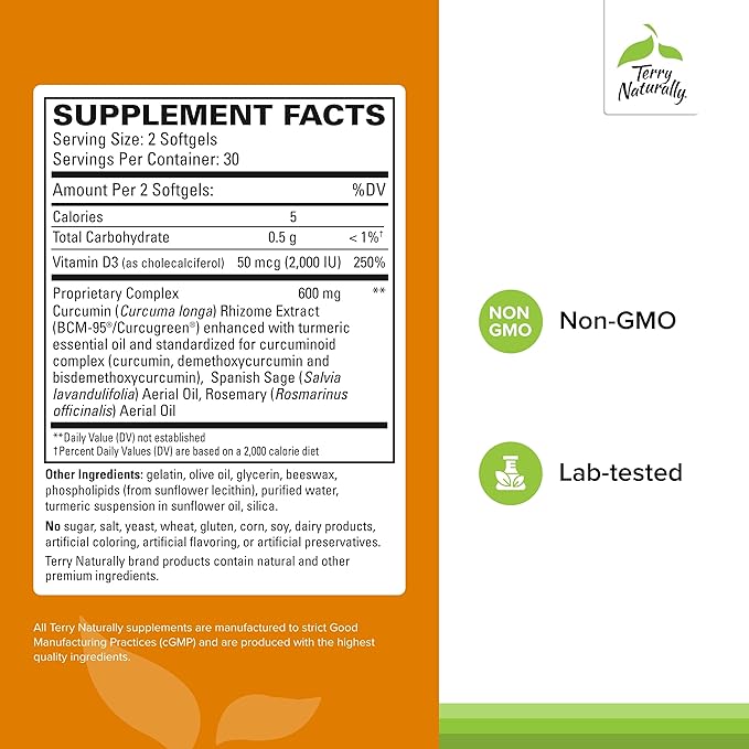 Terry Naturally CuraMed Brain - 60 Softgels - with BCM-95 Curcumin, Vitamin D3, Rosemary & Sage - Non-GMO, Gluten Free - 30 Servings