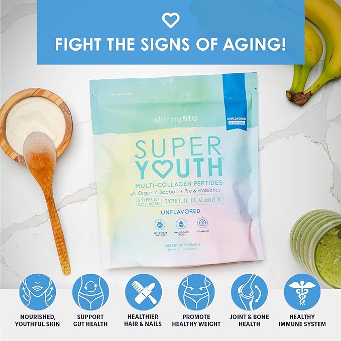 SkinnyFit - Super Youth, Unflavored (28 Servings) - Multi Collagen Peptides Powder - Probiotics, Fiber, Hyaluronic Acid - Collagen for Women - Non GMO, Gluten Free, Sugar Free - Beauty & Self Care