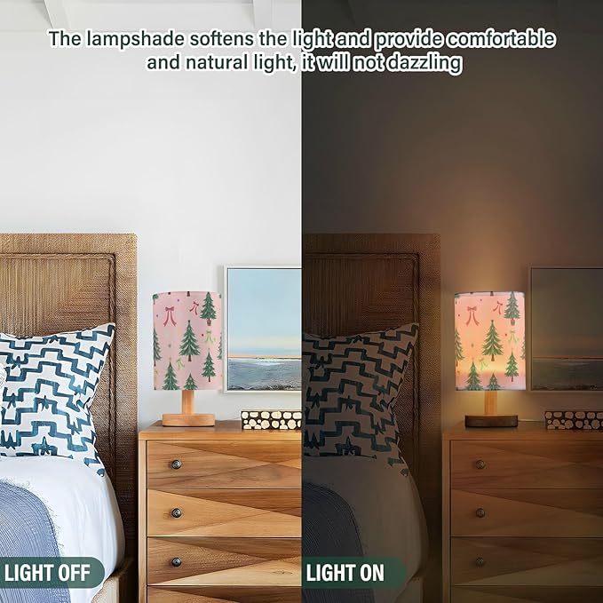 Christmas Trees Pink Bow Table Lamp Bedroom Bedside Night Reading Desk Lamps Cylinder Nightstand Sleeping Light Lamp for Xmas Party Living Room Office Decor