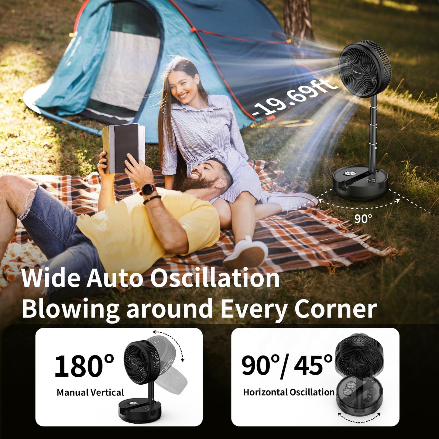 Socool 40000Mah Portable Fan Foldable Battery Rechargeable With 8 Speed & 106H, 90 Osciliating Floor Standing Fan Remote, Desk F