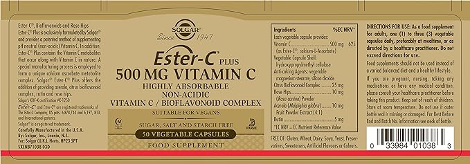 SOLGAR Ester-C Plus 500 mg Vitamin C (Ascorbate Complex) - 50 Vegetable Capsules - Gentle & Non Acidic - Antioxidant & Immune Support - Non GMO, Vegan, Gluten Free, Kosher - 50 Servings