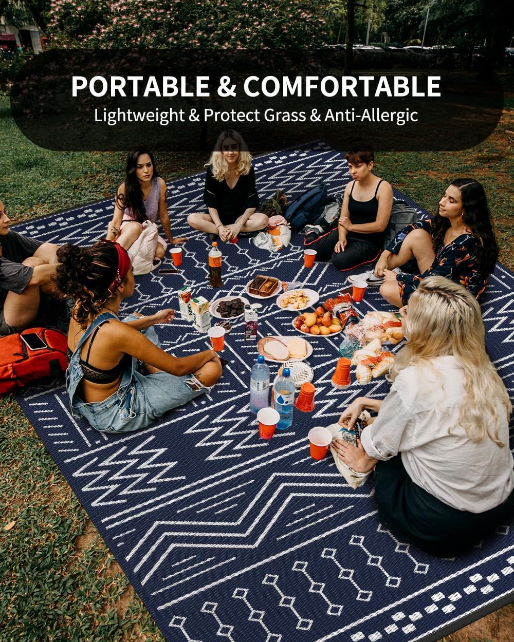 Outdoor Rug Carpet Waterproof 5x8 ft Patio Rug Mat Indoor Outdoor Area Rug for RV Camping Picnic Reversible Lightweight Plastic Straw Outside Rug for Patio Decor Decoration Boho Rug Navy Blue White