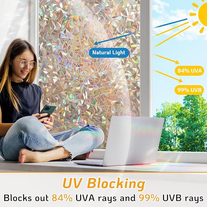 LUTE Window Privacy Film, Rainbow Window Flim, 3D Decorative Stained Glass Cling, Non-Adhesive Vinyl Static Cling Removable Glass Sticker, Sun UV Blocking Covering for Home, Brown, 17.5 x 78.7 inches
