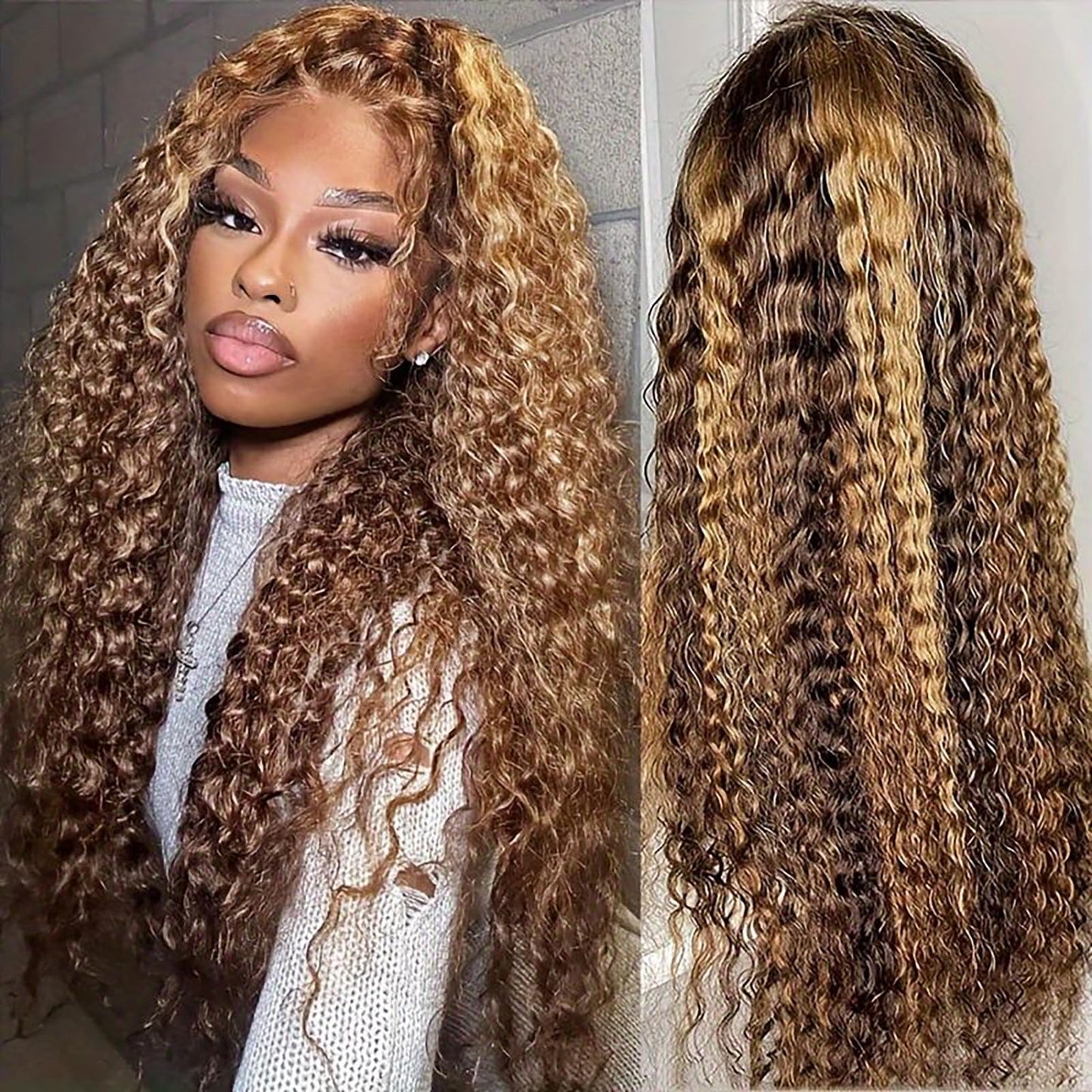 24 Inch Highlight Ombre Lace Front Wig Human Hair 13x6 HD Honey Blonde 4/27 Deep Wave Lace Front Wigs Human Hair 180% Density Co