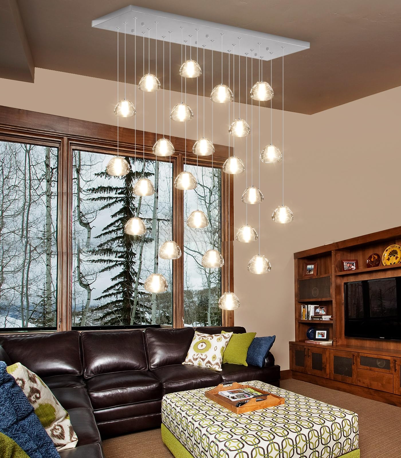 Dolria 24-Lights Modern Rectangular Crystal Chandelier Led Raindrop Ceiling Pendant Light Crystal Lighting Fixture For Living Room Hotel Staircase Hallway Foyer Entryway Bedroom Silver