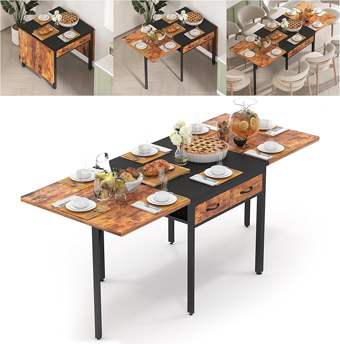 NAIYUFA Folding Dining Table,Dining Room Table with Drawers,Industrial Extendable Table for 6-8 People,for Dining Room,Liv...