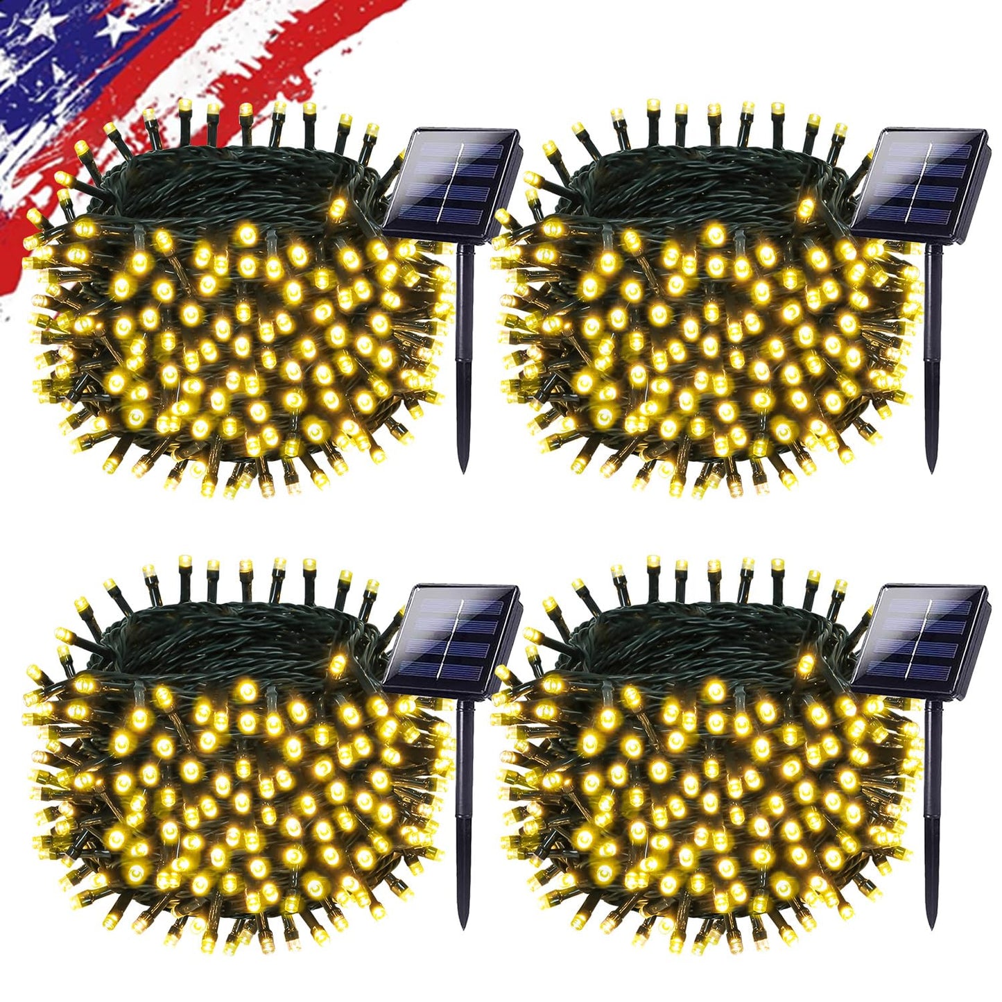 KAQ Solar String Lights Outdoor 4PK 400LED Warm White Green Wire Waterproof Fairy Lights 132FT with 8 Modes for Decorations