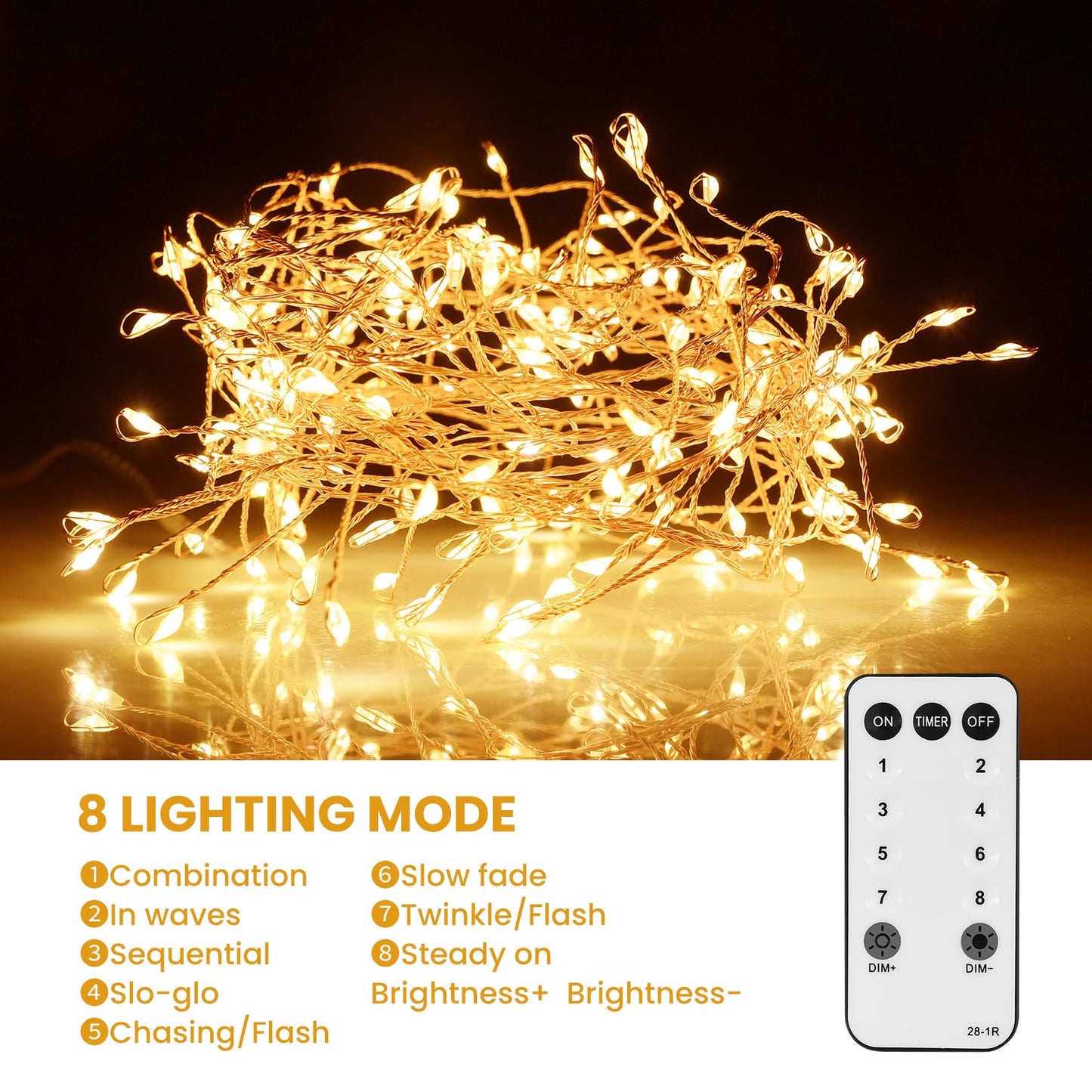 Dailyart 300 LED Fairy Lights, Warm White, 10ft, Waterproof, Remote Control, Gold Copper Wire, Model 300LED-JS
