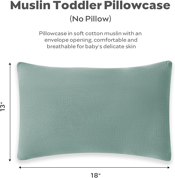 JELLYMONI 2 Pack Muslin Toddler Pillowcase for 13x18 Pillow, 100% Cotton Baby Pillow Case Cover for Bed, Toddler Cot and Travel, Soft & Breathable Baby Kids Envelope Pillowcase, No Pillow