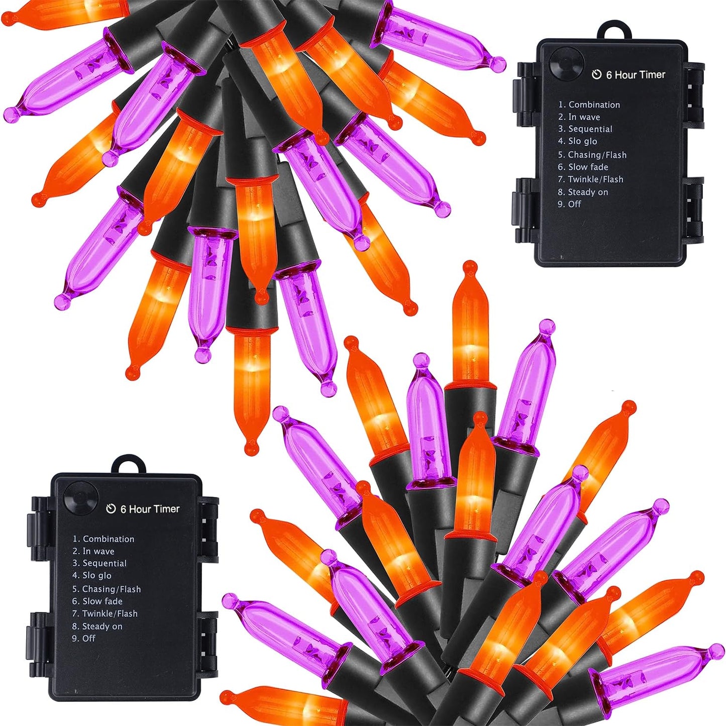 Waterglide 50 Led Halloween String Lights, 16 Ft Waterproof Mini Lights, Orange & Purple, 8 Modes, Battery Operated For Indoor/Outdoor Use