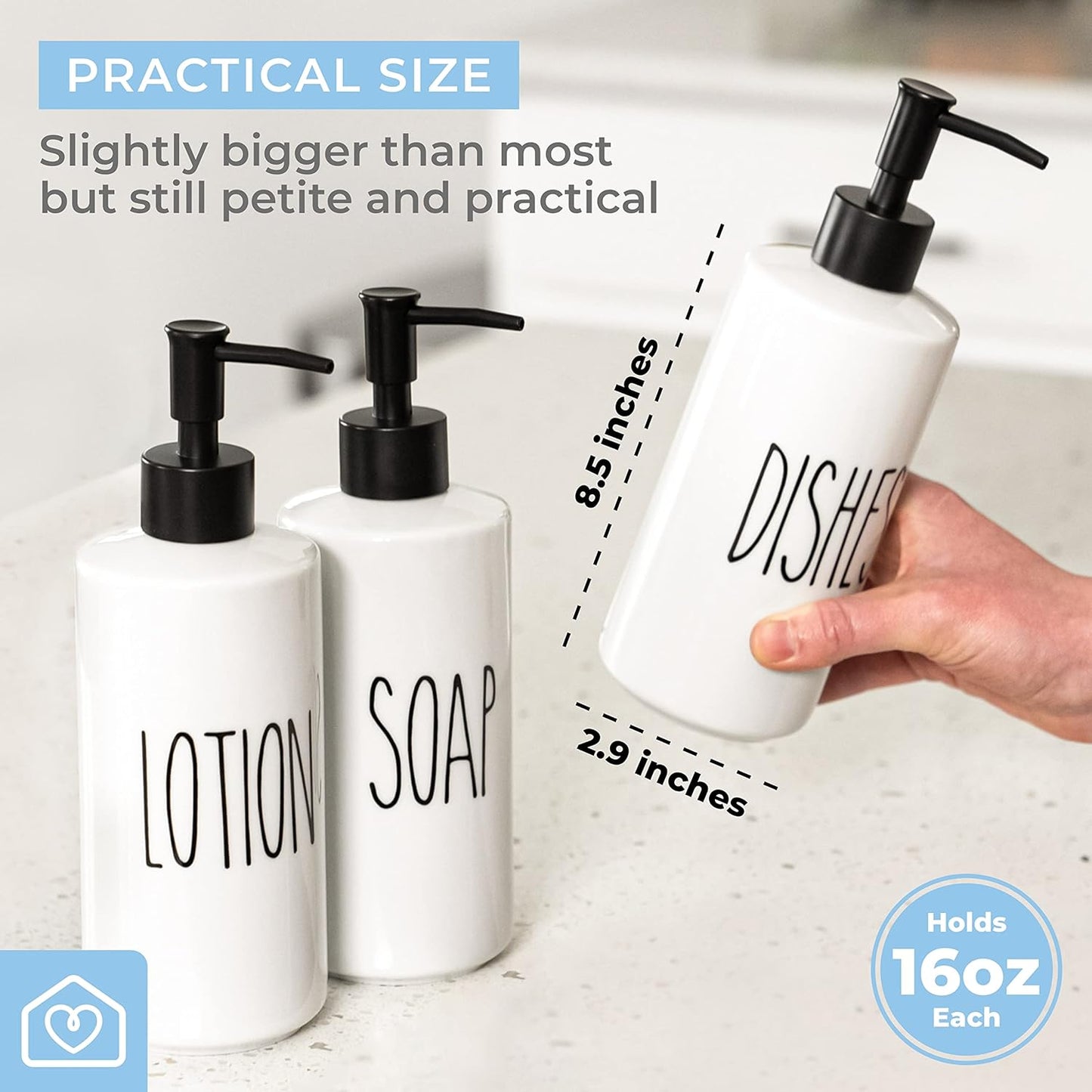Heartland Home Porcelain 16oz Large Hand Sanitizer Pump for Hand Sanitizer Refill of Liquid Hand Sanitizer Gel. Empty Liquid Dispenser Bottle for Hand Sanitizers.