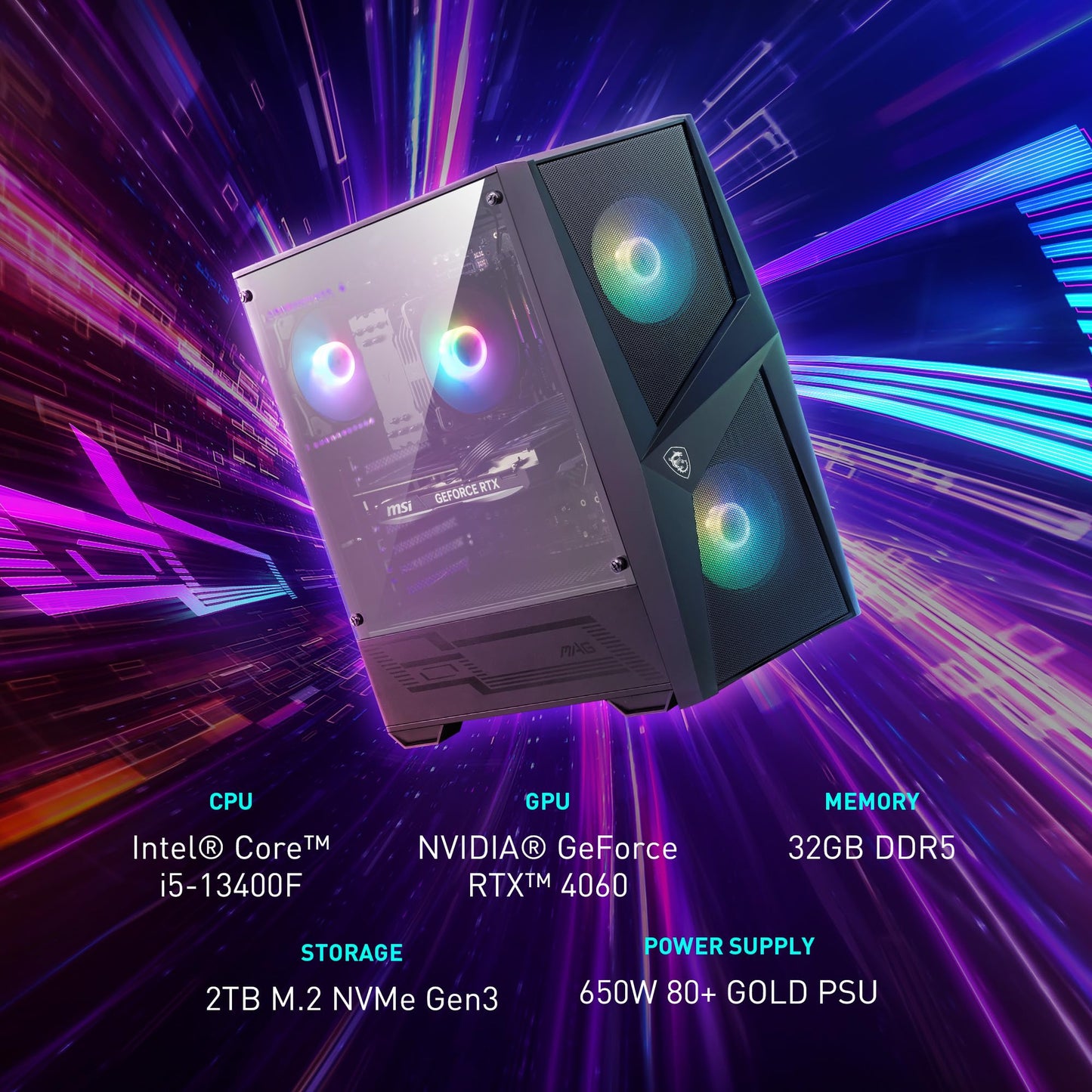 Msi Codex R Gaming Desktop: Intel Core I5-13400F, Rtx 4060, 32Gb Ddr5, 2Tb M.2 Nvme Gen3, Rgb Fan Cooling, 650W 80+ Gold, Keyboa