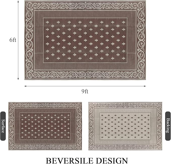 Pauwer Waterproof Outdoor Rug 6x9, Reversible Plastic Straw Patio Camping Rug, Indoor Outdoor RV Mat Carpet for Deck, Camper, Porch, Balcony, Backyard, Picnic, Bordered Brown