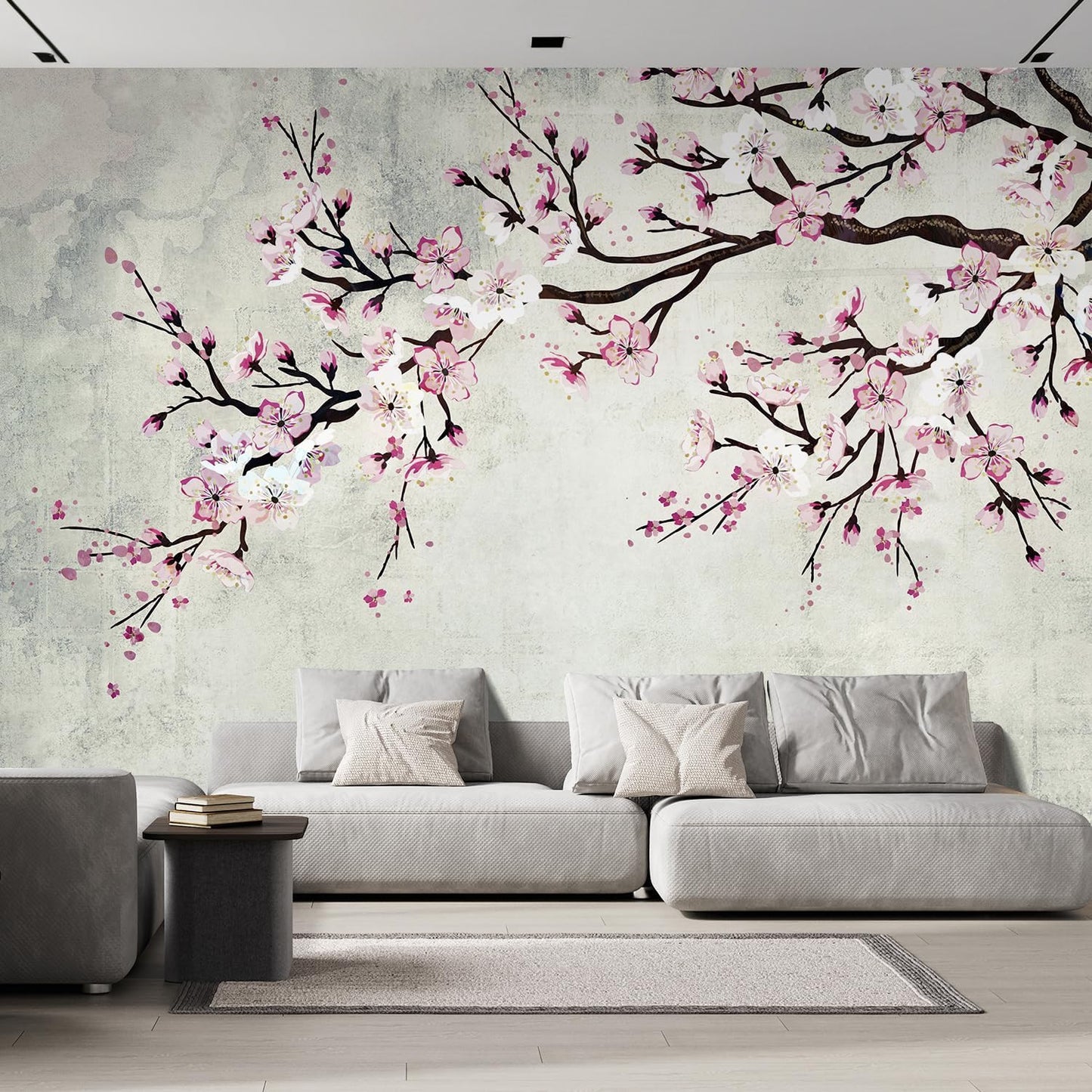 wall26 Large Wall Mural Watercolor Style Ink Painting Pink Cherry Blossom on Vintage Wall Background | Self-Adhesive Vinyl Wallpaper/Removable Modern Wall Decor - 132x144 inches