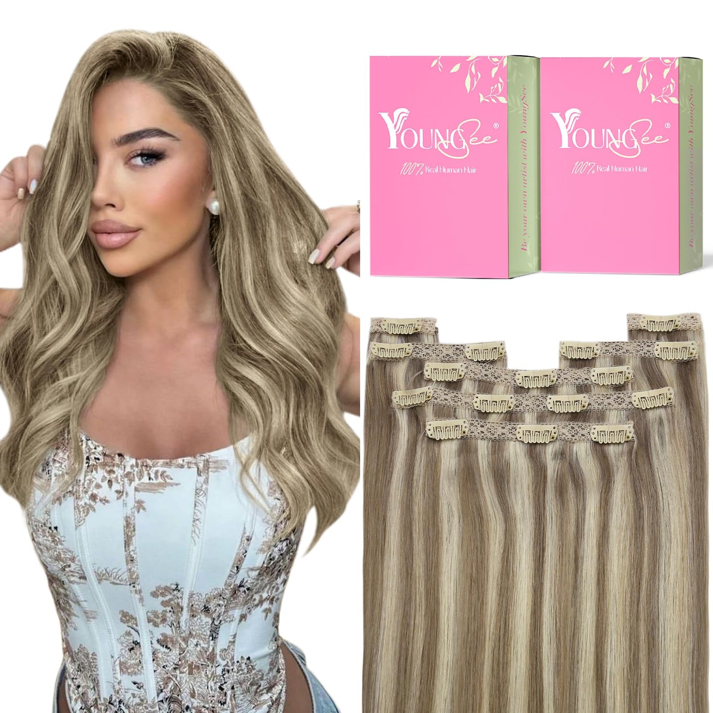 YoungSee Clip in Extensions for Women Blonde Clip in Human Hair Extensions Blonde Highlights with Light Brown Straight Hair for