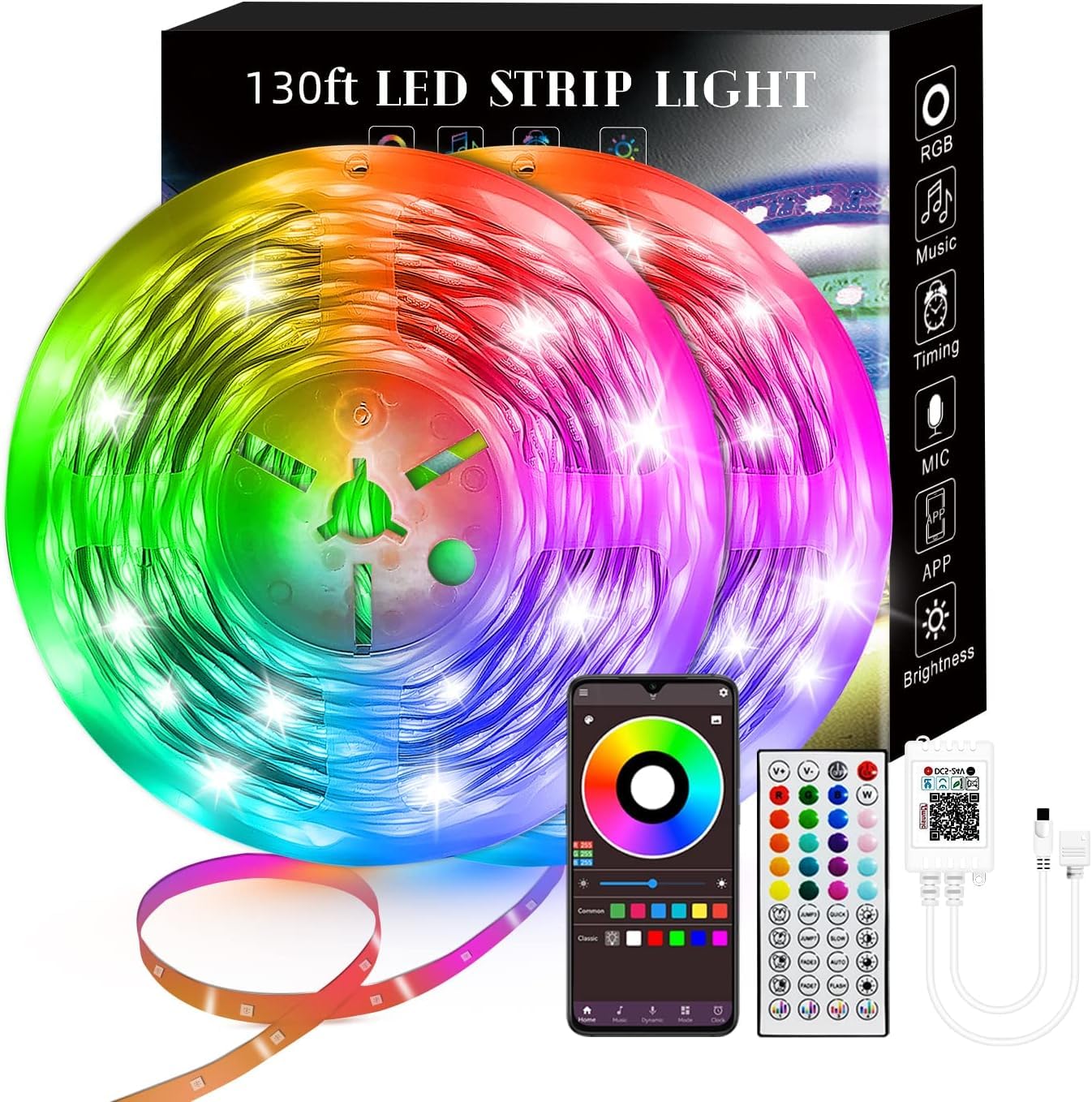 Lcutml LED Strip Lights, RGB Color Changing, 130FT (2 Rolls of 65ft), APP Control, Multicolor, Model ERS-F30RGBB12-IP300