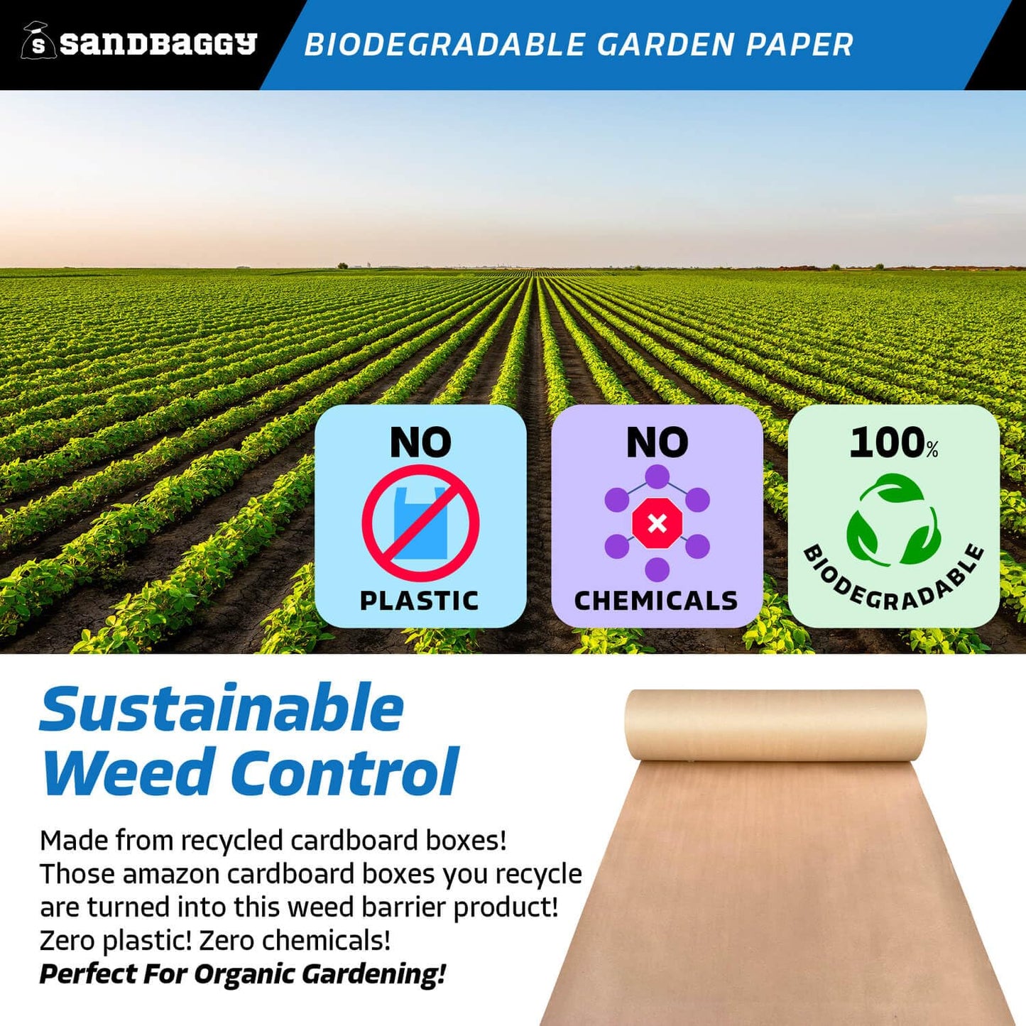 Sandbaggy Biodegradable Landscape Fabric - Garden Paper for Weeds - Paper Mulch Rolls - Made in America (4 ft x 475 ft, 1)