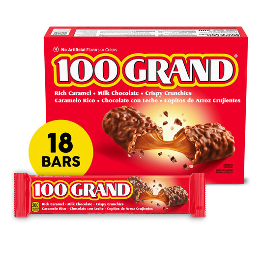 100 Grand Crispy Milk Chocolate with Caramel  Full Size Individually Wrapped Candy Bars  1.5 oz each  Bulk 18 Count Box
