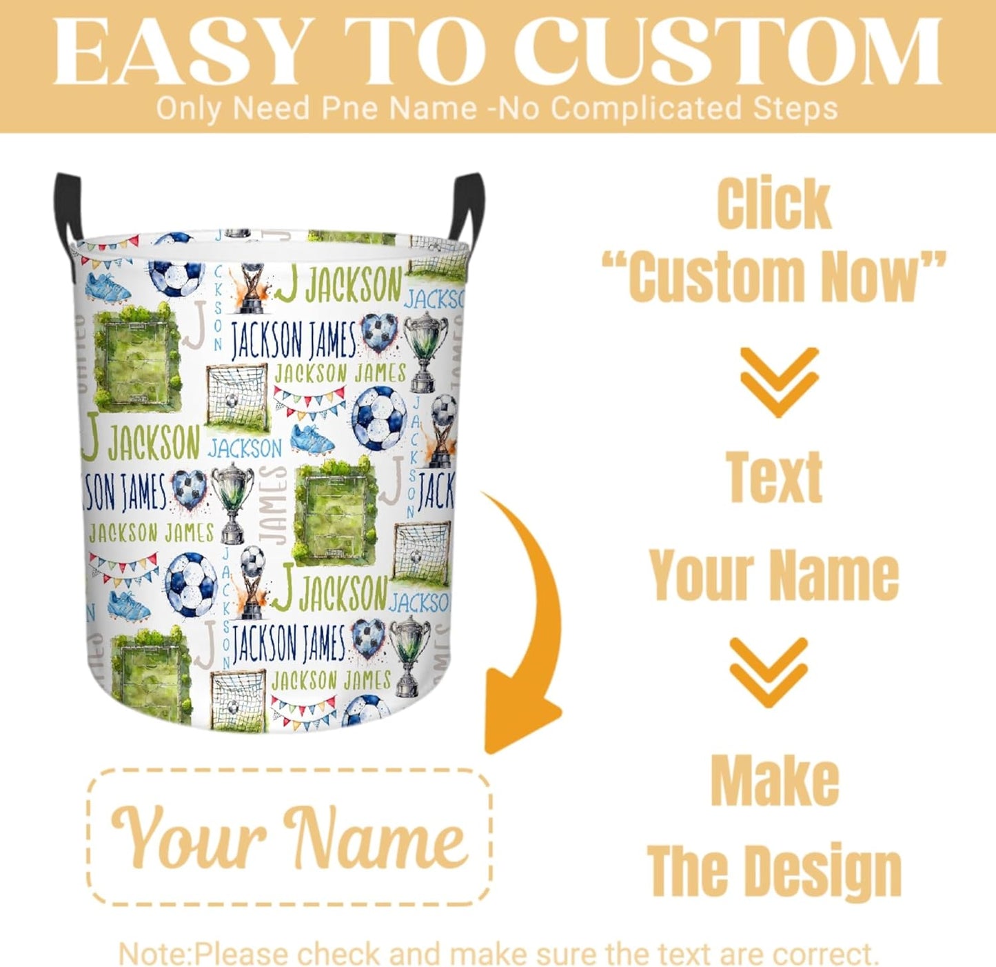 Personalized Soccer Laundry Basket, Custom Sports Laundry Hamper With Name Gifts For Kids Baby Adults, Collapsible Dirty Clothes Storage Organizer With Handles S 16.5 X 13.8in