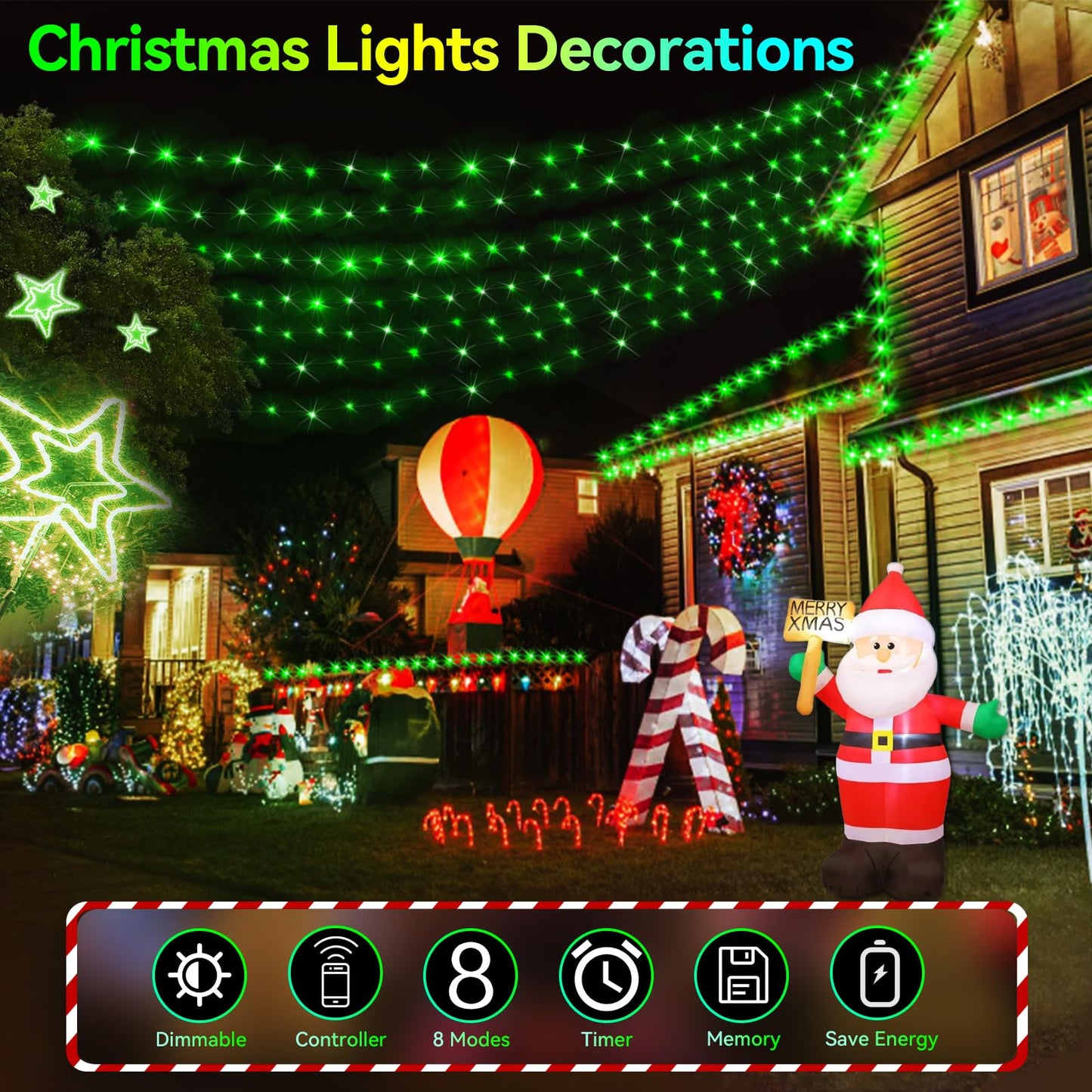 Hezbjiti 1000LED Outdoor Christmas String Lights, 394FT, Green, Waterproof, Remote, 8 Lighting Modes, Timer