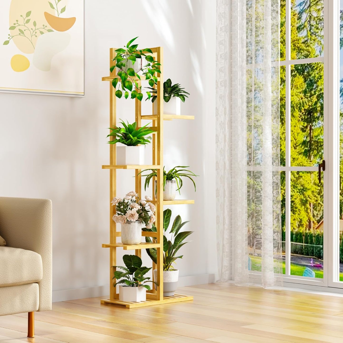 6 Tier Bamboo Plant Stand Indoor, Wood Tall Flower Holder Corner Tiered Plant Shelf for Multiple Plants (Natural)