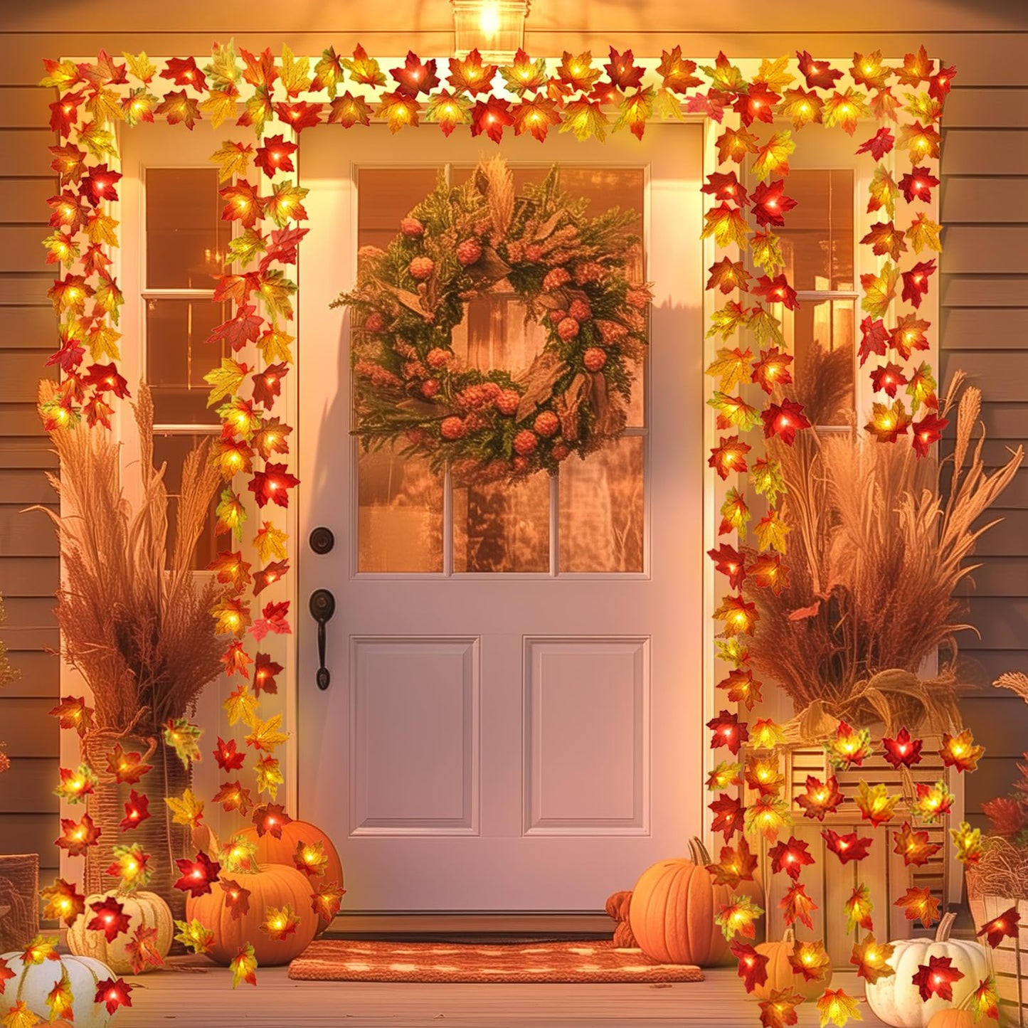 Runleo Maple Leaf Lights Garland, 40Ft, 80LED, Battery Operated, Orange, 4 Pack, Autumn Harvest Decor