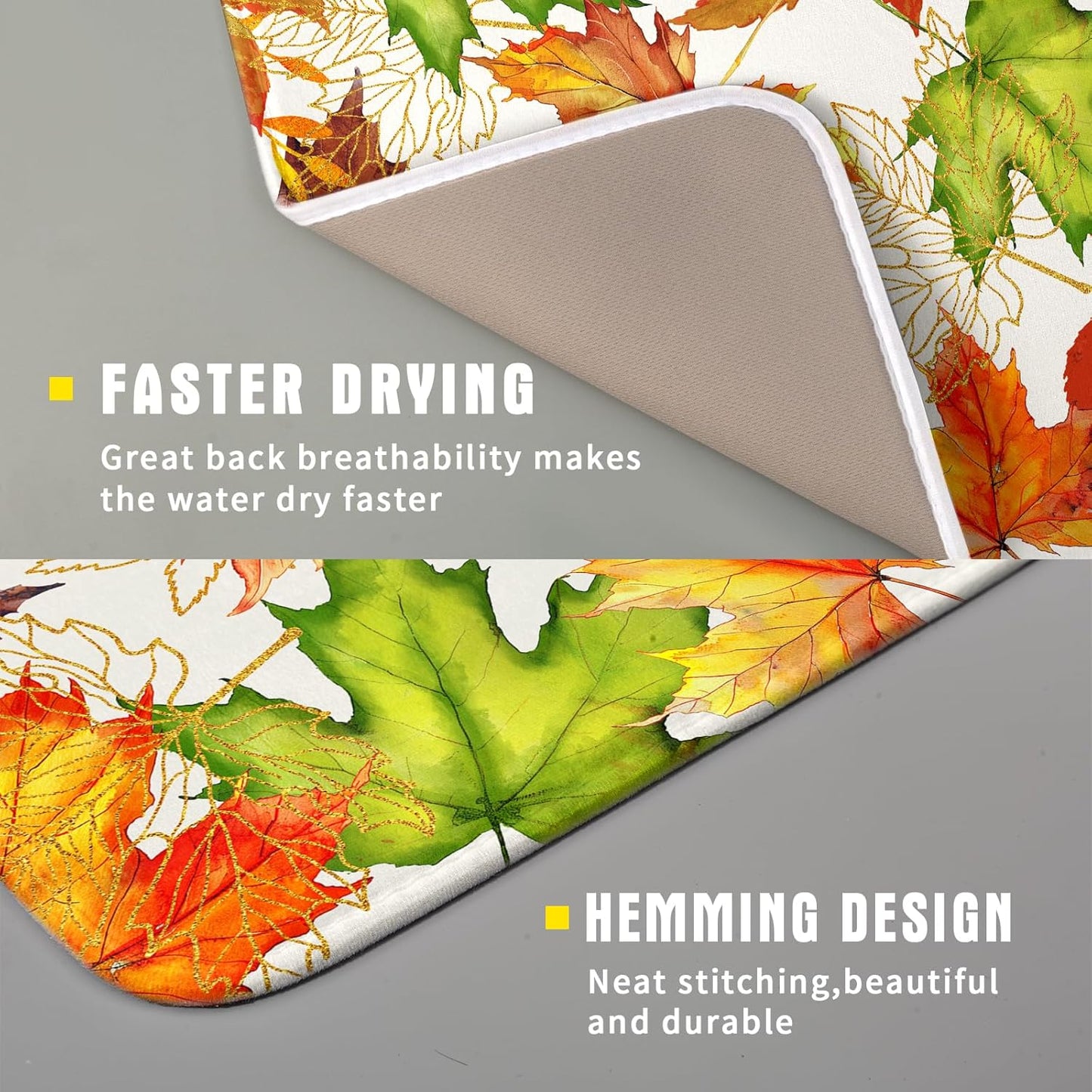 Fall Leaf Dish Drying Mat for Kitchen Counter 16x18 Inch Autumn Harvest Thanksgiving Maple Leaves Absorbent Reversible Microfiber Dish Drainer Rack Mats Countertops Protector Mat