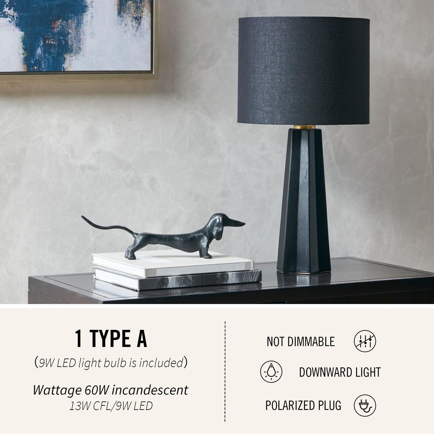 INK+IVY Table Lamp - Matte Black Ceramic, Linen Shade, 22inH, Geometric Design, Model MT153-0049