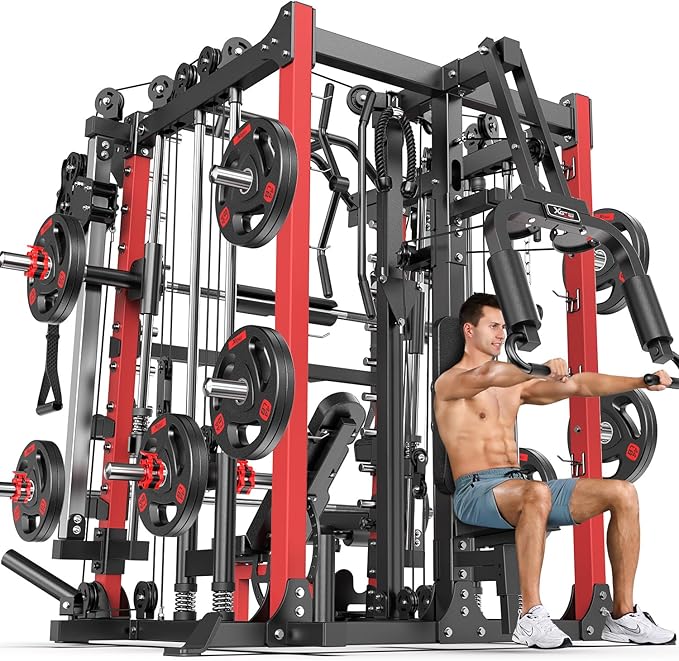 Smith Machine with Cable Crossover System, Multi-Function Squat Rack Power Cage for Home Gym, Power Rack and Packages Weig...