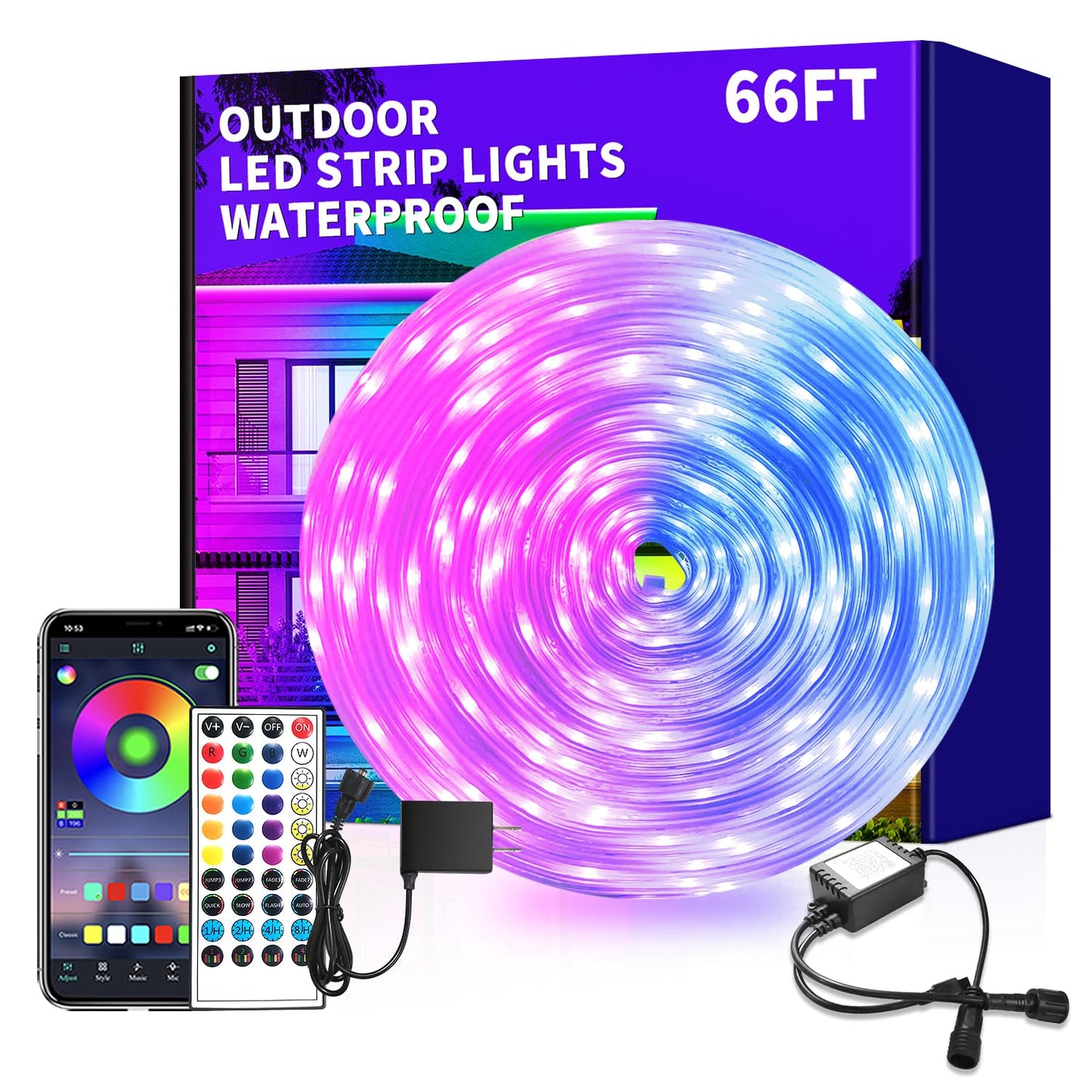 vimeepro LED Strip Lights 66Ft RGB Waterproof IP68 Music Sync App Remote Control