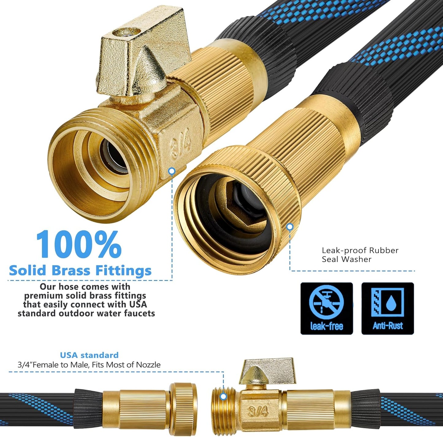 Garden Hose 75 ft -Heavy Duty Water Hoses - Flexible&Lightweight Car Washing Pipe with Stainless Steel Strain Reliefs,Kink-free Rubber Hoses with Spray