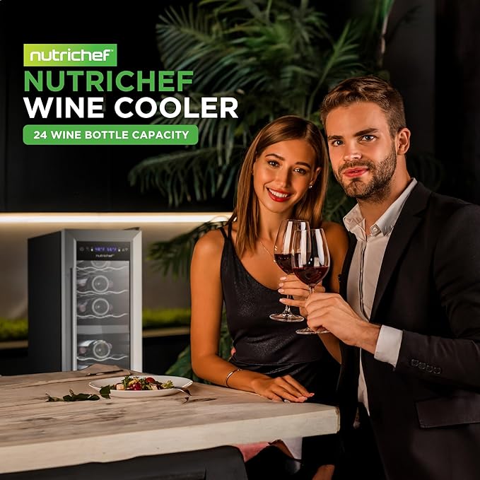 NutriChef 24 Bottle Wine Fridge | Dual Zone Chiller | Adjustable Temperature 41°F to 64°F | Ultra Quiet Operation | Wine Cooler for Home, & Office | FreeStanding 39x11x23 in (Black)