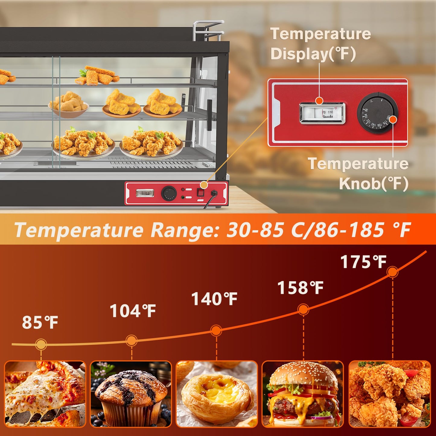 Whalefall Countertop Food Warmer with top Holder, 44 inch Commercial Food Warming Cabinet, tri-Color Lighting, w/Thermometer and Adjustable Thermostat for Cafeteria Kitchens Restaurants