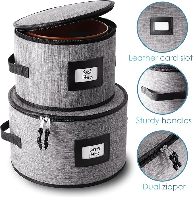 Fine China Storage Containers, 8 Piece Quilted Dish Storage Containers for Flatware & Utensil, Mug, Platter and Wine Glass with Felt Dividers, Durable Dinnerware Dish Organizers for Moving, Grey
