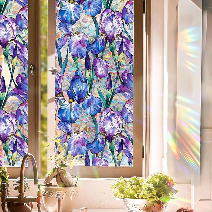 Stained Glass Window Film UV Resistant Window Privacy Film Purple Floral Privacy Rainbow Decals Living Room Bedroom Sun Blocking Decor Removable Static Cling Stickers 17 x 78.74 Inch