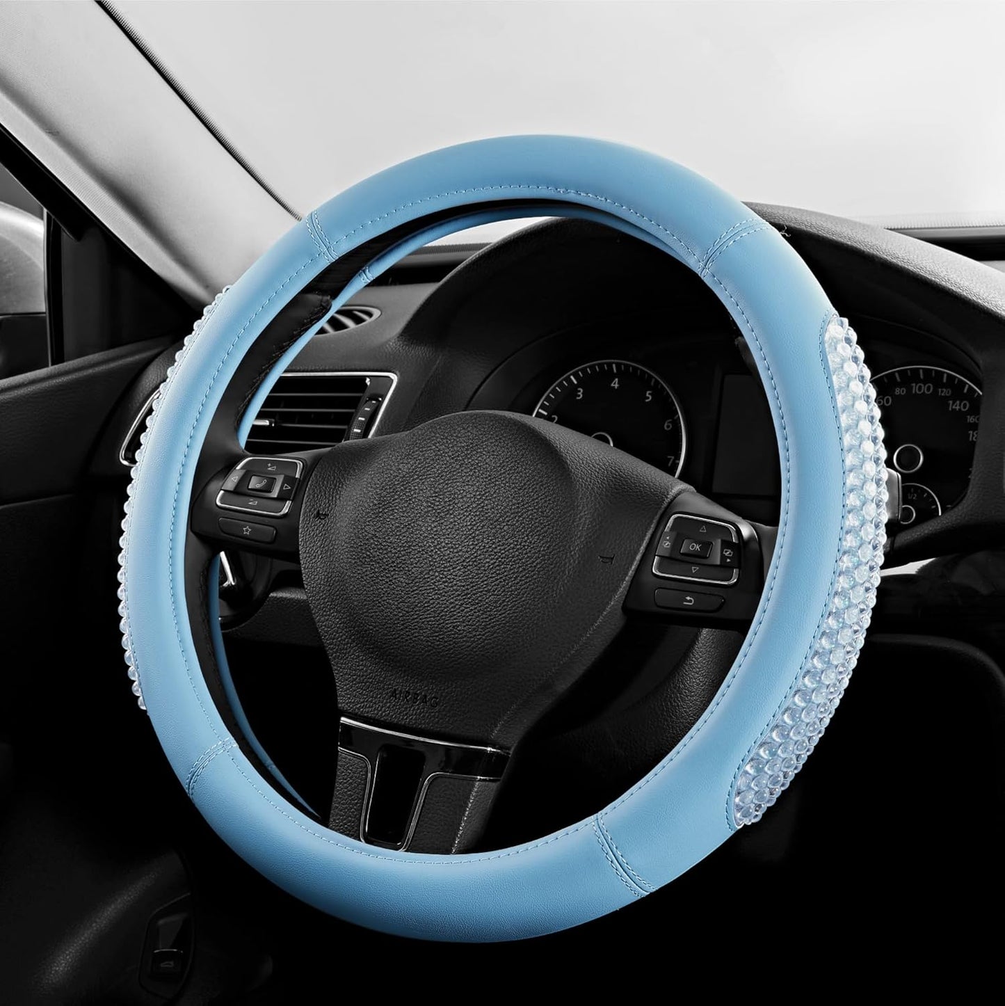 PIC AUTO Steering Wheel Cover, Glitter Gel Particles & Blue Luxury Leather Car Steering Cover, Universal Fit 14.5"-15.5" Anti-Slip Car Wheels Cover for Girls & Women