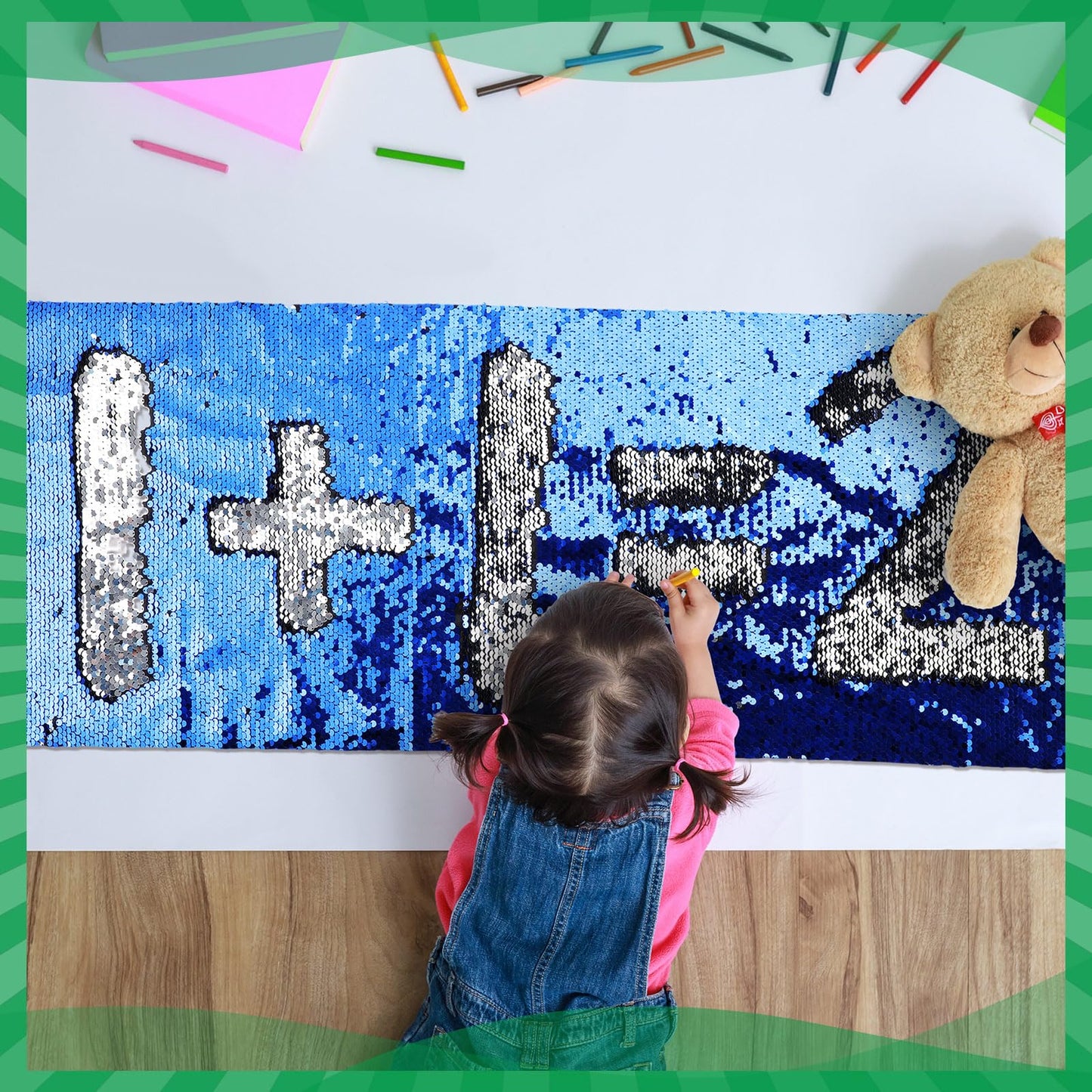 Irenare 3 Pcs Sensory Wall Sequin Flip Fabric for Kids 40 x 13 Inch Sensory Graffiti Reversible Sequin Fabric with 36 Pcs Hook and Loop Strips with Adhesive