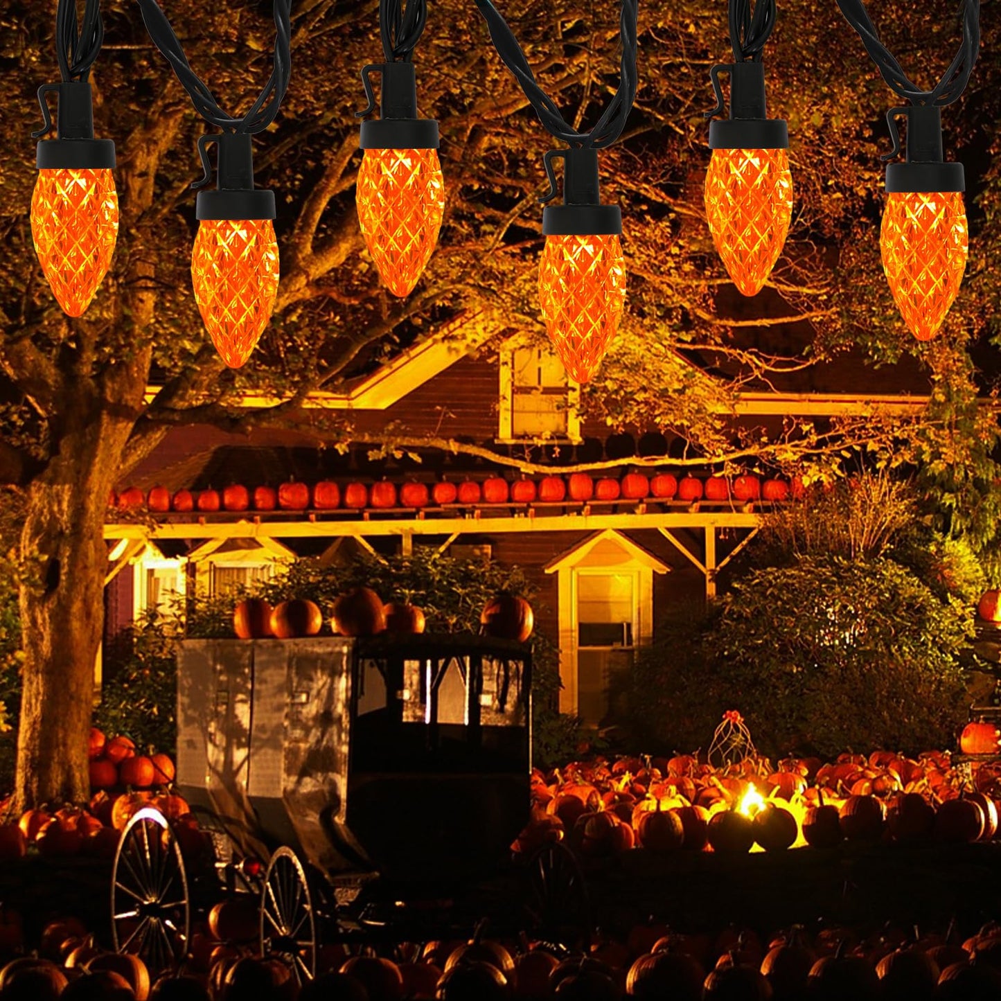 Fonusty 25Ft Orange Halloween String Lights Outdoor  C7 Strawberry Christmas Light With 25 Led Shatterproof Orange Lights  Plug In Fall Light For Halloween Patio Xmas Autumn Thanksgiving Decorations