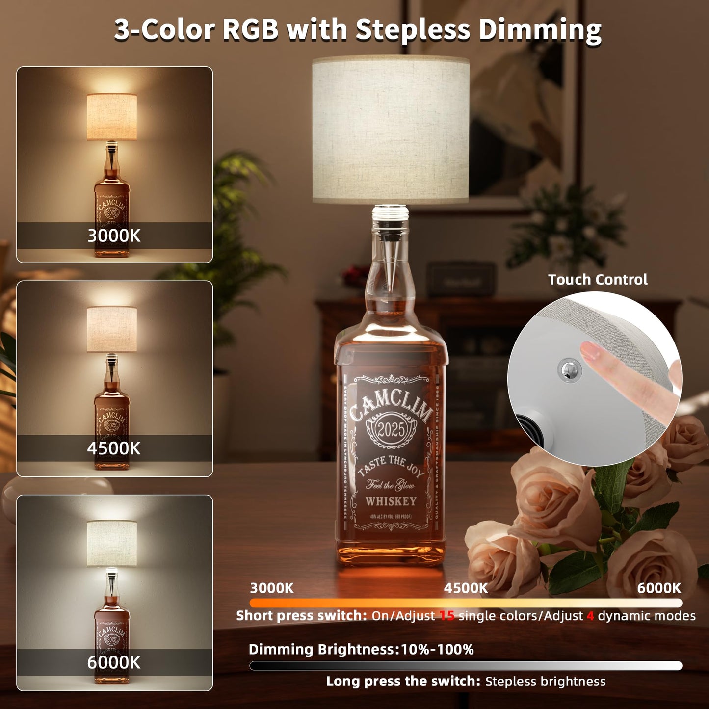 CAMCLIM Wireless Wine Bottle Lamp Shade - Dimmable LED, Rechargeable, Portable, Cylindrical, Model DX0041
